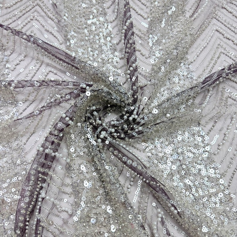 Linear Bugle Bead & Sequin Embroidered Mesh Fabric – Per Yard — fabric photo 2