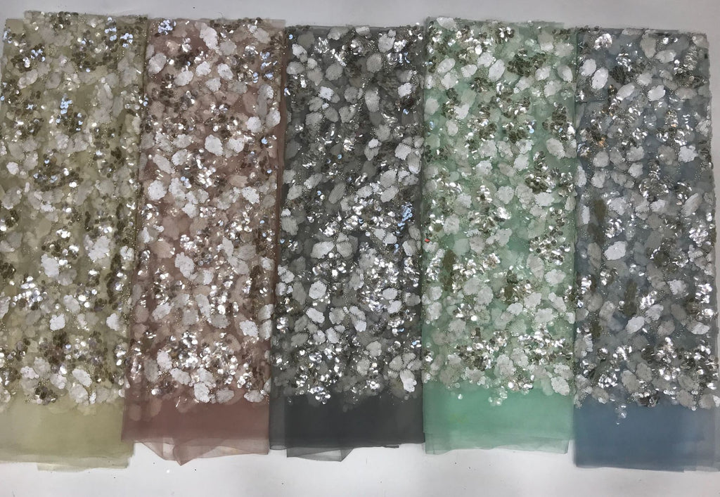 7/9 mm Sequin & Silver-Bead Embroidered Tulle Mesh Fabric — fabric photo 4