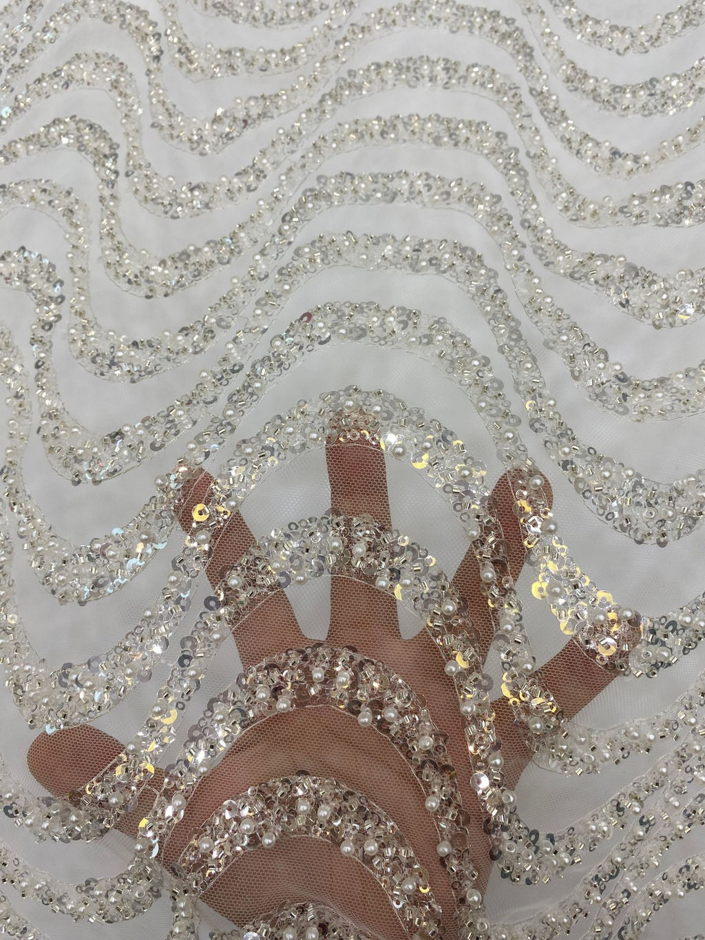 Silver Bead & 3/5 mm Sequin Embroidered Bridal Fabric — fabric photo 5
