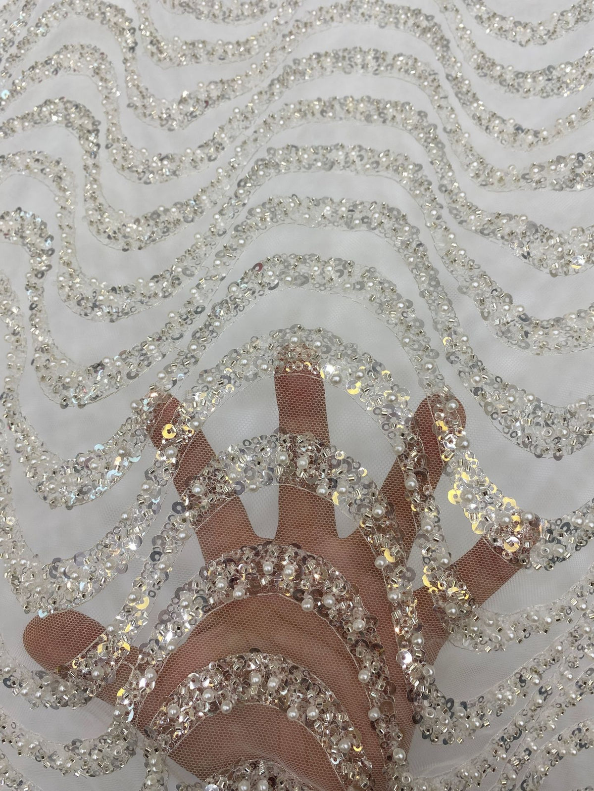 Silver Bead & 3/5 mm Sequin Embroidered Bridal Fabric — fabric photo 5