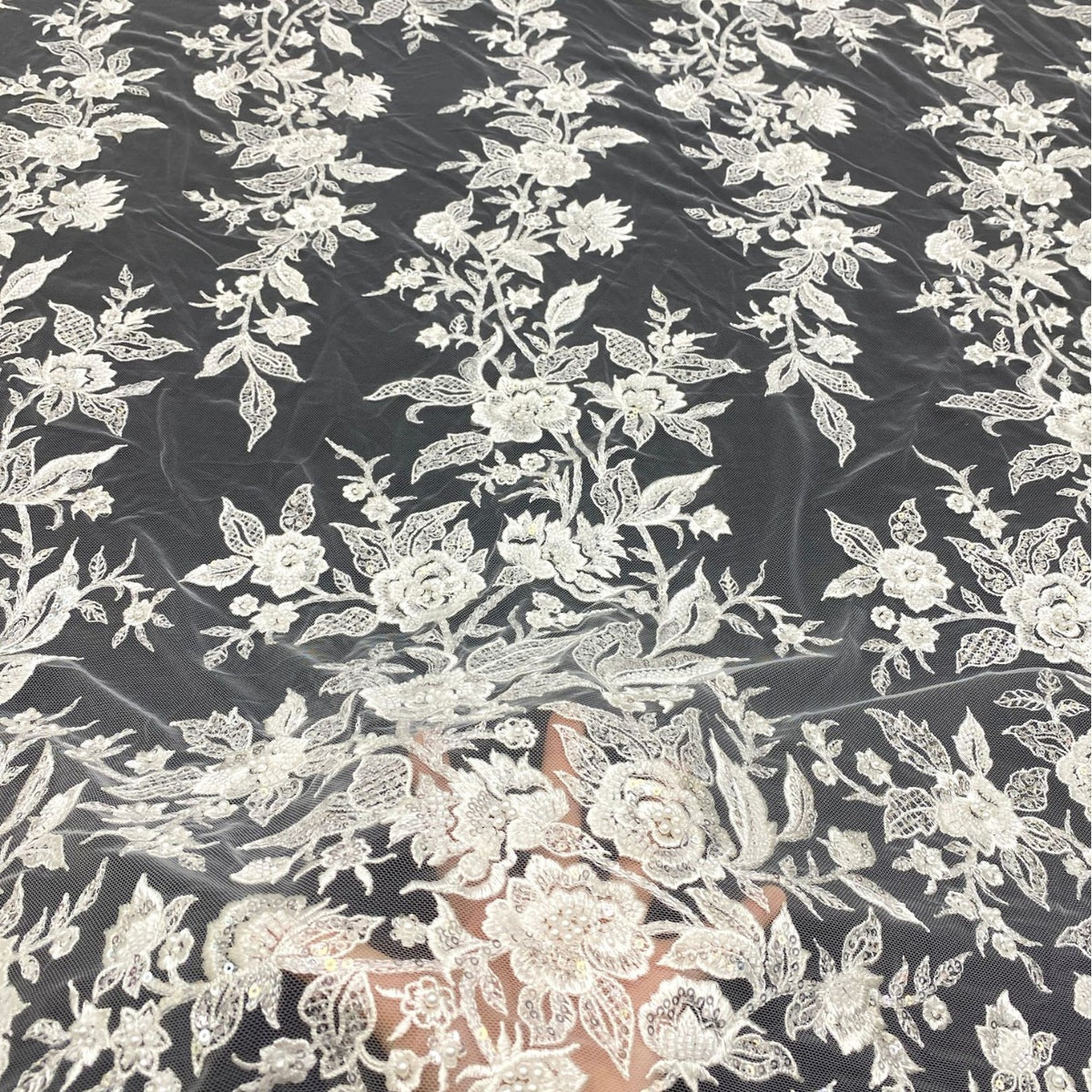 Symmetrical Botanical Beaded Sequin Lace Fabric