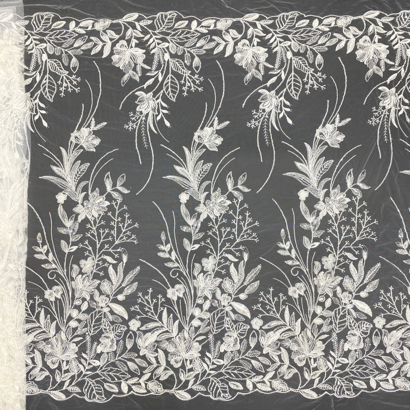 Bugle Bead & Sequin Embroidered Bridal Fabric