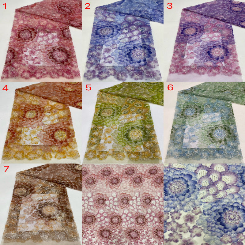 Printed Ribbon Bugle Bead Sequin Embroidery Fabric