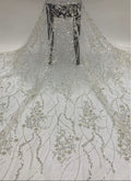 2/3/5 mm Crystal-Look Sequin & Silver-Bead Embroidered Bridal Fabric