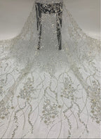 2/3/5 mm Crystal-Look Sequin & Silver-Bead Embroidered Bridal Fabric