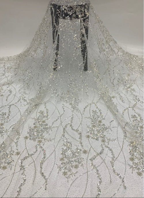 2/3/5 mm Crystal-Look Sequin & Silver-Bead Embroidered Bridal Fabric