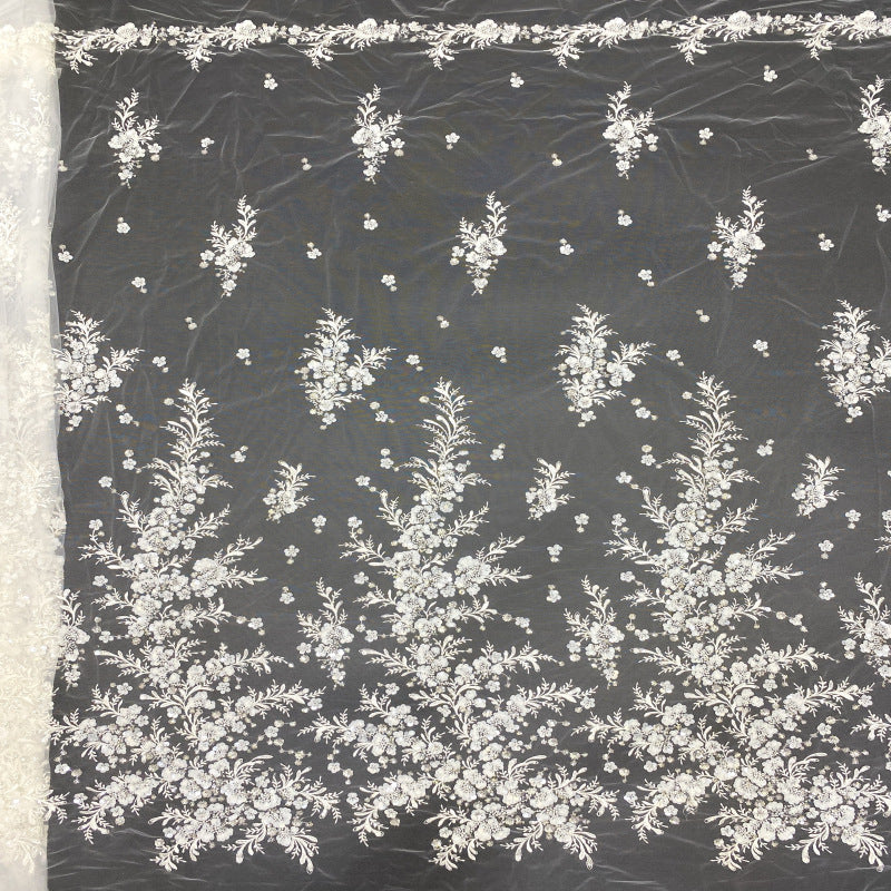3D White-Core Bead and Sequin Embroidered Fabric