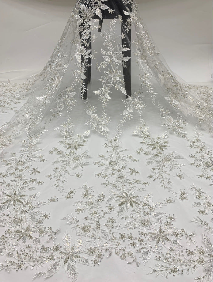 3/4 mm Crystal-Look Sequin & Double-Bead Embroidered Bridal Fabric