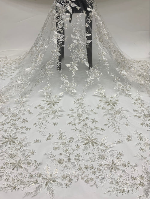3/4 mm Crystal-Look Sequin & Double-Bead Embroidered Bridal Fabric