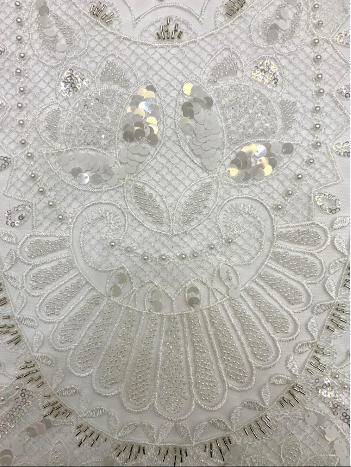 Fine 3/7 mm Sequin & Triple-Bead Embroidered Bridal Fabric — fabric photo 4