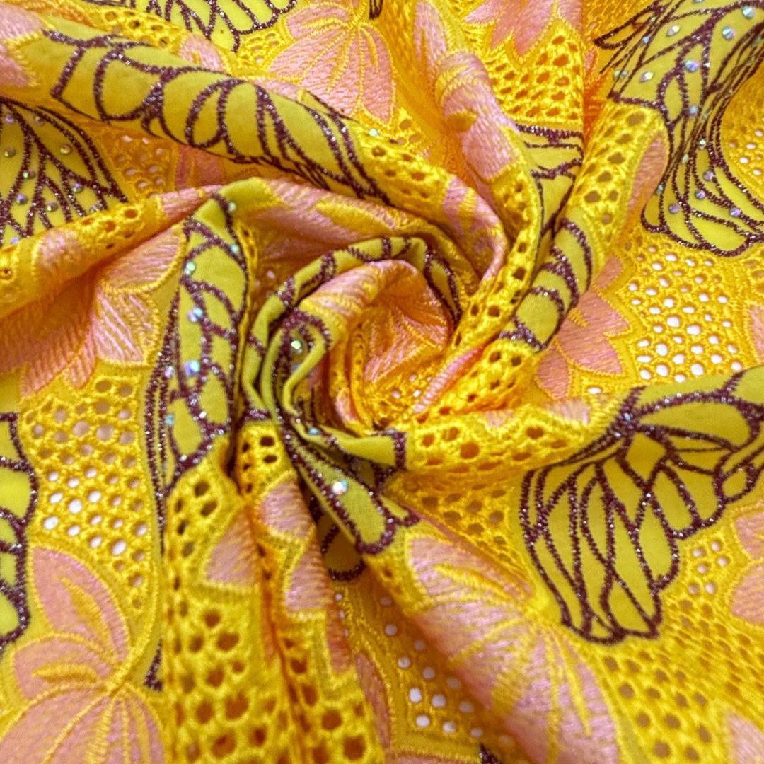 Leaf Cutwork Water-Soluble Embroidery with Rhinestones – Per Yard
