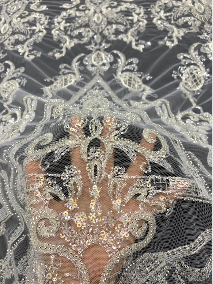 2/4 mm Crystal-Look Sequin & Silver-Bead Embroidered Bridal Fabric – Design 09151 — fabric photo 3