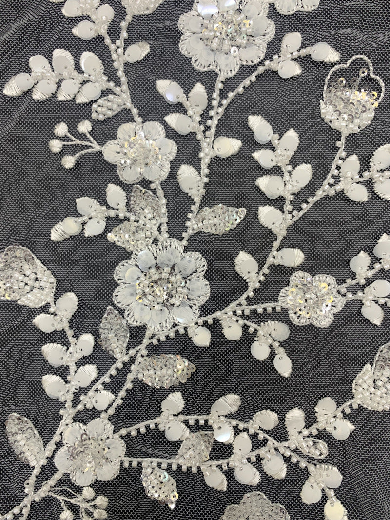 Symmetrical Botanical Bead Sequin Embroidery Fabric — fabric photo 3