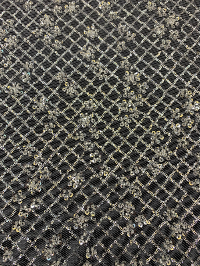 2/4 mm Crystal-Look Sequin & Silver-Bead Embroidered Bridal Fabric – Design 45311 — fabric photo 4