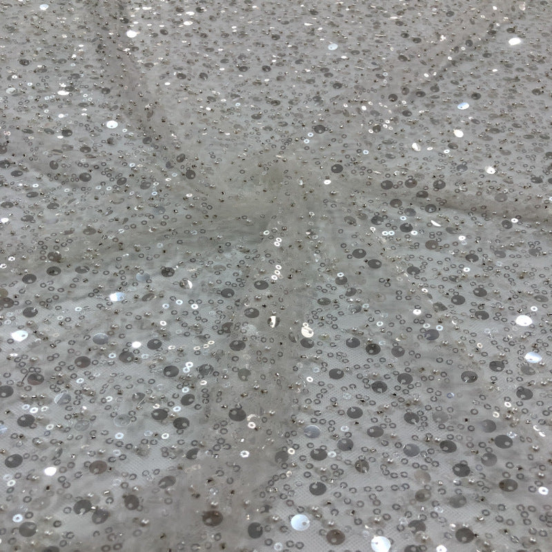 Foam and Silver Bead Sequin Mesh Fabric