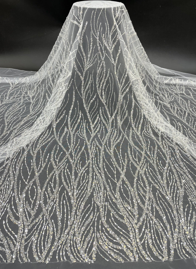 Willow Leaf Silver Bead & Crystal Sequin Fabric