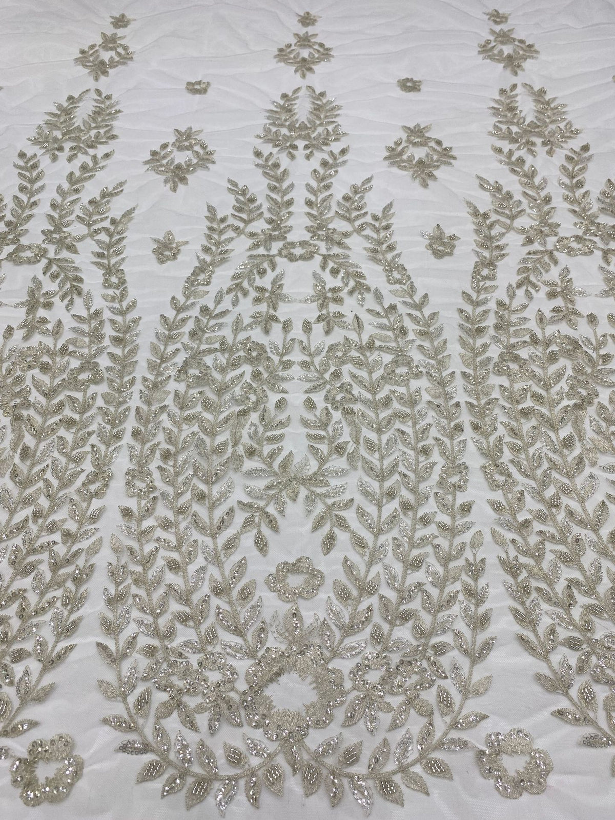 3D Floral Silver-Thread Beaded Sequin Embroidery Fabric — fabric photo 2