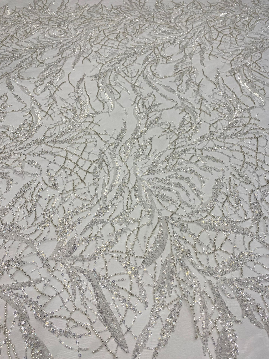 Silver Bead & Ivory 2/4 mm Sequin Embroidered Fabric — fabric photo 5