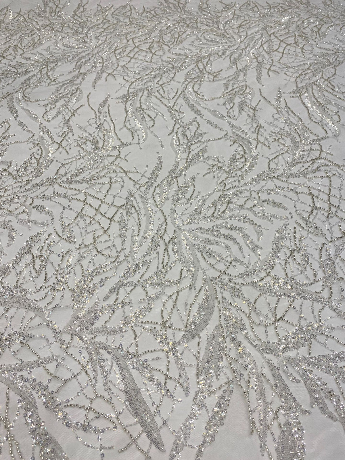 Silver Bead & Ivory 2/4 mm Sequin Embroidered Fabric — fabric photo 5