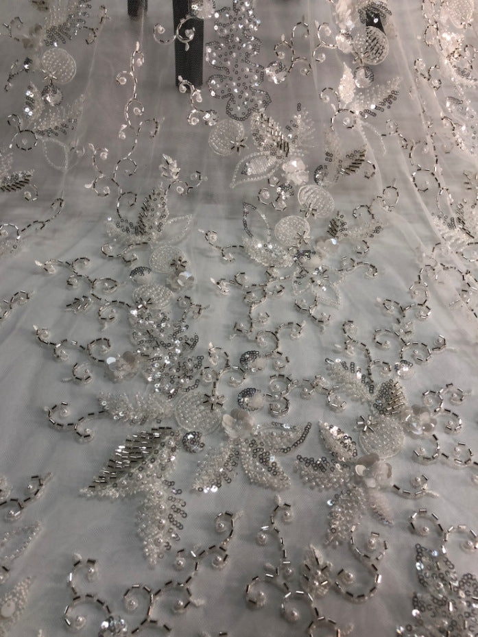 Heavy 3D Sequin & Triple-Bead Embroidered Bridal Fabric — fabric photo 3