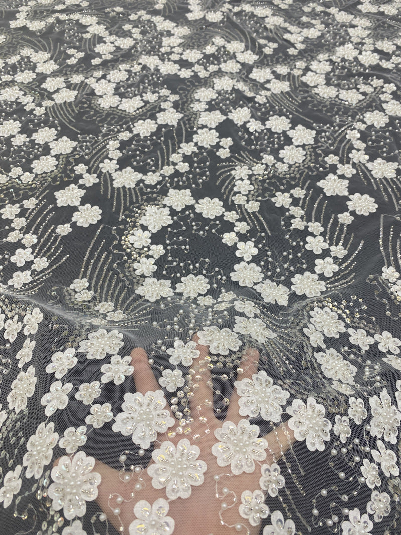 Geometric Floral Bead & Sequin Embroidery Fabric — fabric photo 2