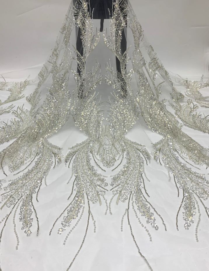 Heavy 3/5 mm Crystal-Look Sequin & Triple-Bead Embroidered Bridal Fabric – Design 71903