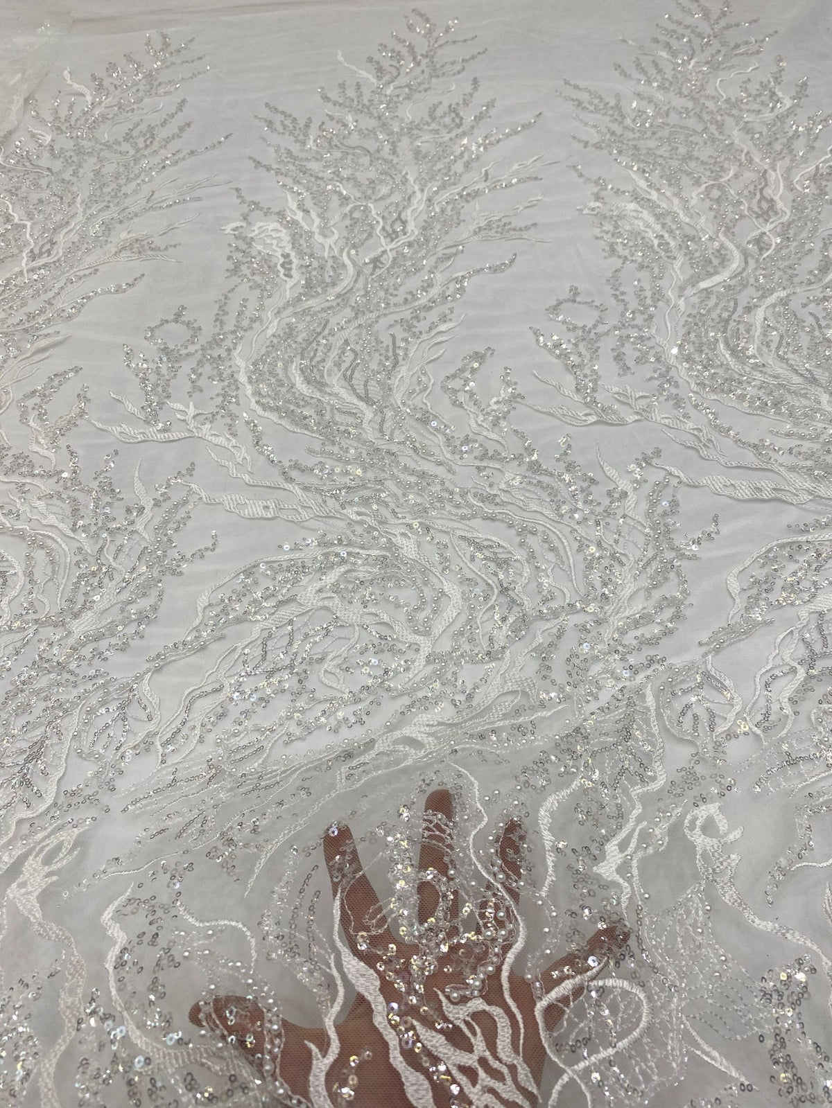 Floral Double Bead & 3/4mm Sequin Wedding Fabric — fabric photo 4