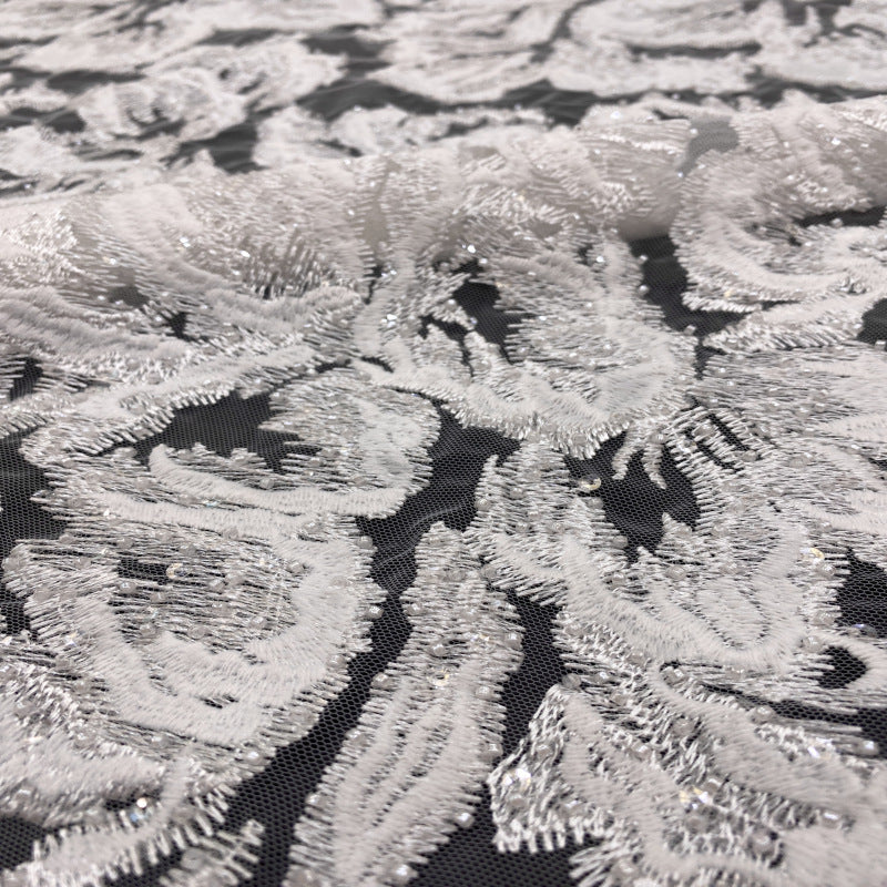 White Double Thread Bead Sequin Bridal Fabric — fabric photo 3