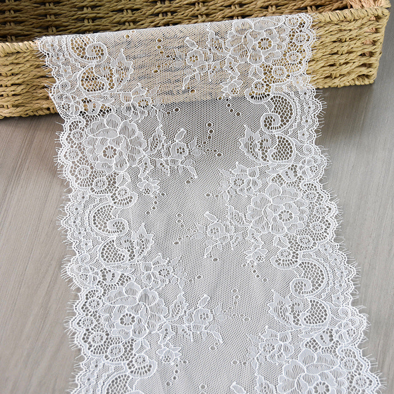 White rose-pattern lace trim draped over basket to show scalloped embroidered edge