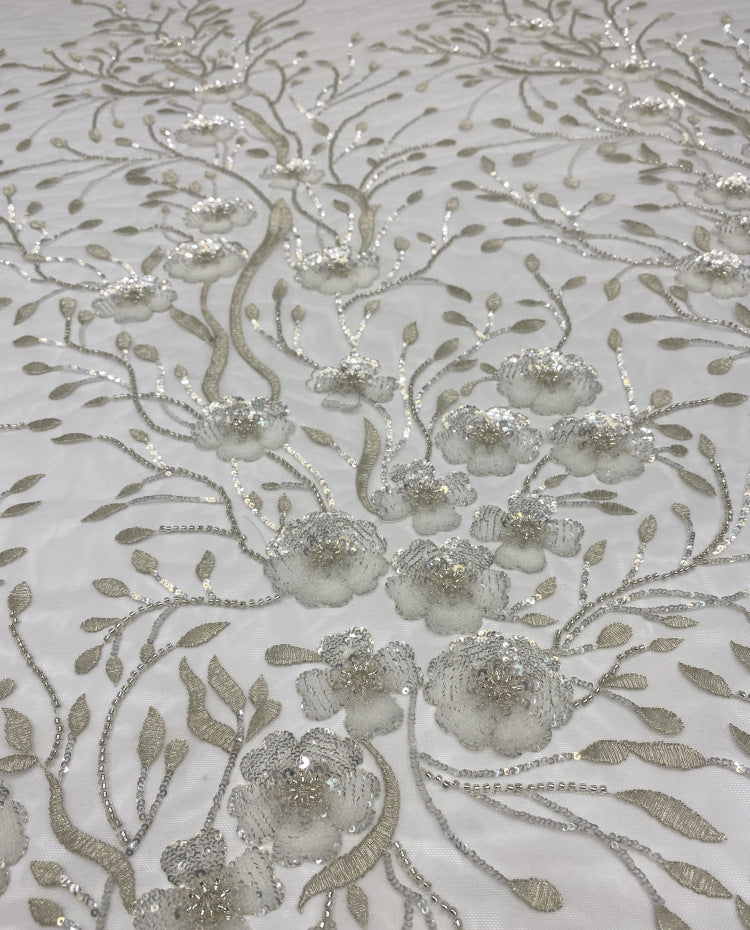 Silver-Thread and Bead 2/4 mm Crystal Sequin Fabric — fabric photo 5