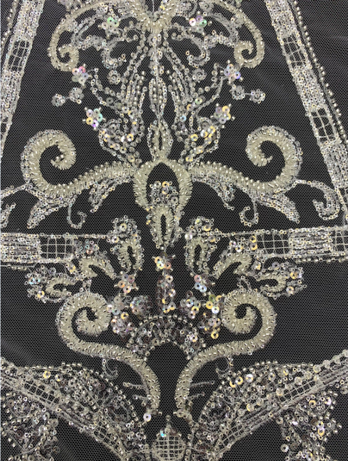 2/4 mm Crystal-Look Sequin & Silver-Bead Embroidered Bridal Fabric – Design 09151 — fabric photo 4