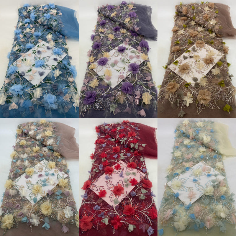 Hand-Sewn 3D Floral Bugle Bead and Sequin Fabric - 42622