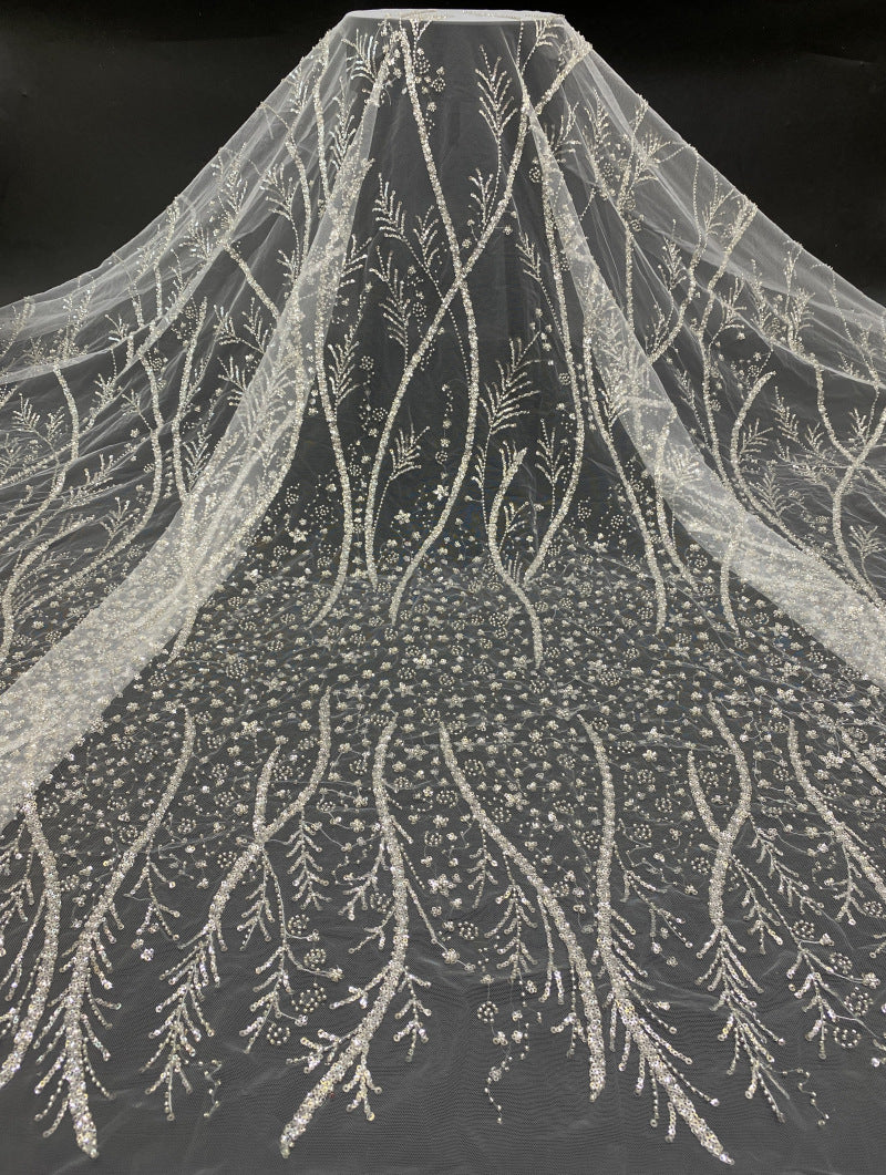 Leaf Bugle Bead and 3/5mm Sequin Embroidered Fabric — fabric photo 6