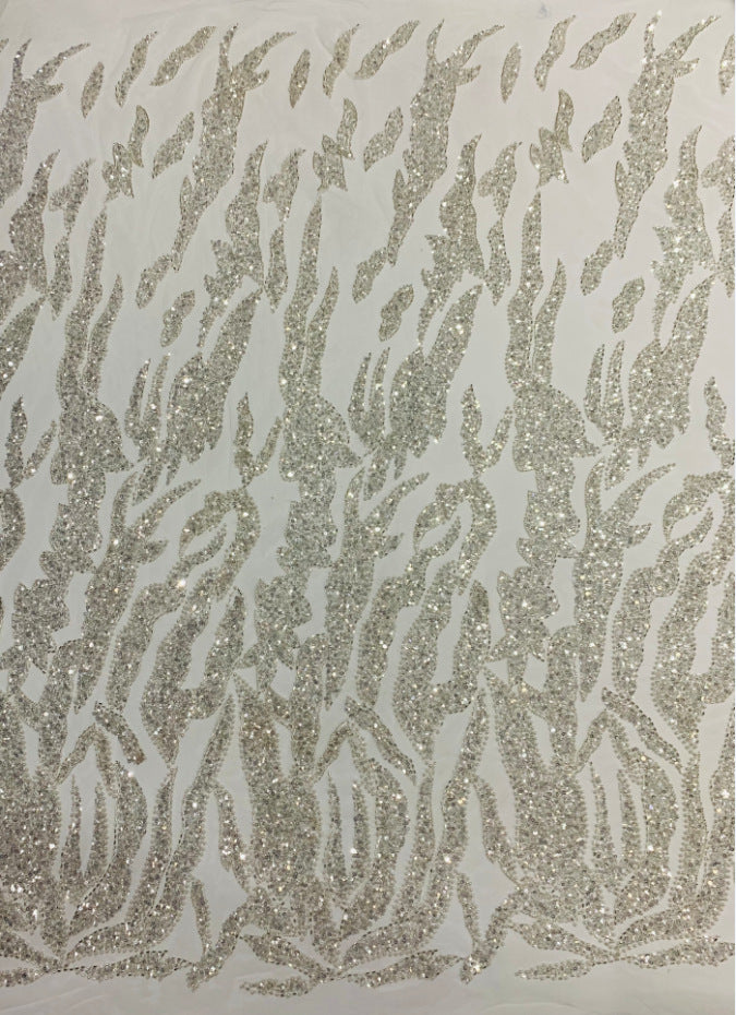 Heavy Diamond Grid 3/5 mm Crystal-Look Sequin & Triple-Bead Embroidered Bridal Fabric — fabric photo 2