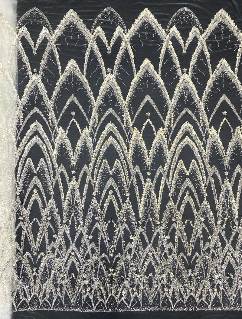 Silver Bead & 3/7mm Crystal Sequin Dress Fabric
