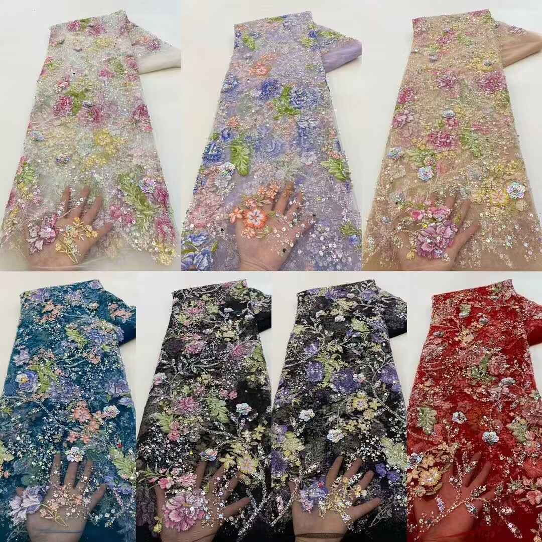 Botanical Print Bugle Bead Sequin Fabric — fabric photo 3