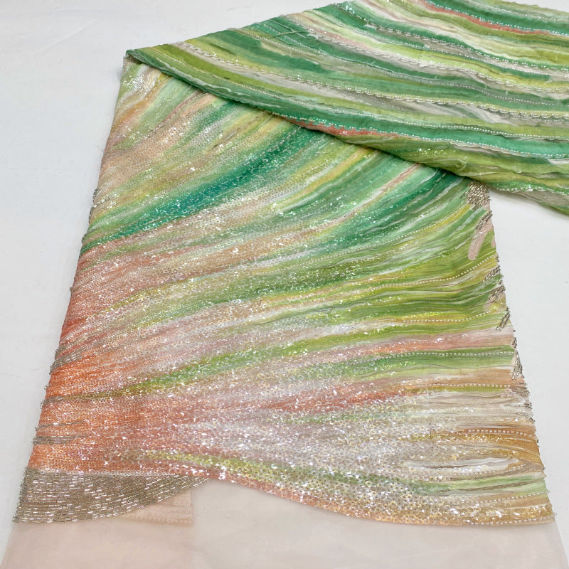 Printed Ribbon Bugle Bead Sequin Fabric