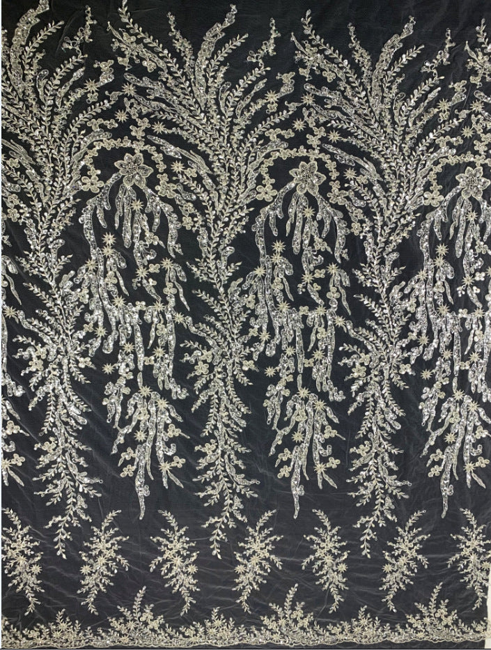 3D 2/4 mm Crystal-Look Sequin & Silver-Bead Embroidered Bridal Fabric — fabric photo 6