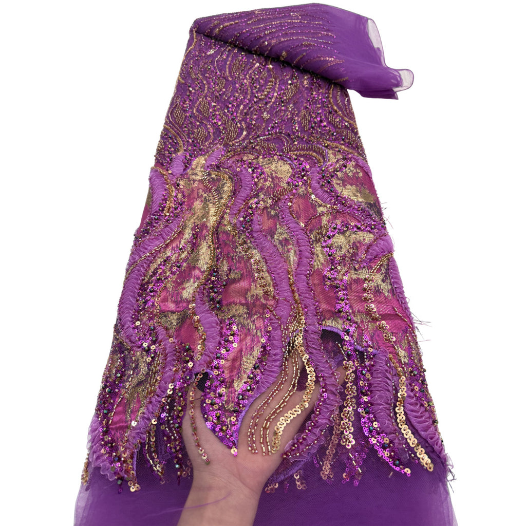 Contrast Wave Bugle Bead & Sequin Embroidered Mesh – Per Yard — fabric photo 5