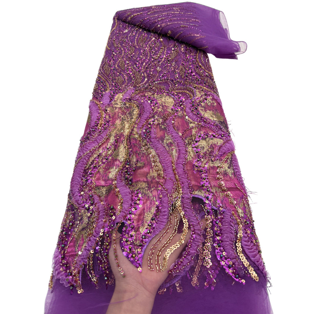 Contrast Wave Bugle Bead & Sequin Embroidered Mesh – Per Yard — fabric photo 5