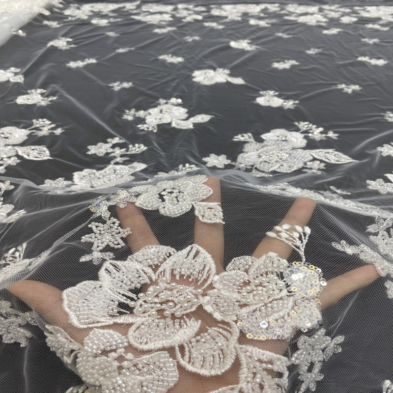 3D Raised-Bead and Sequin Embroidered Bridal Fabric — fabric photo 3