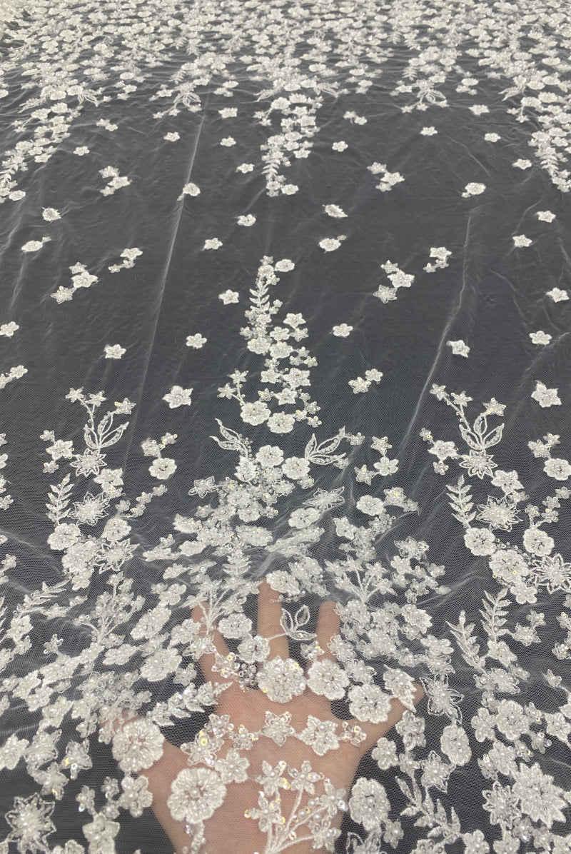 3D Symmetrical Floral Foam Bead & 3mm Sequin Fabric — fabric photo 2