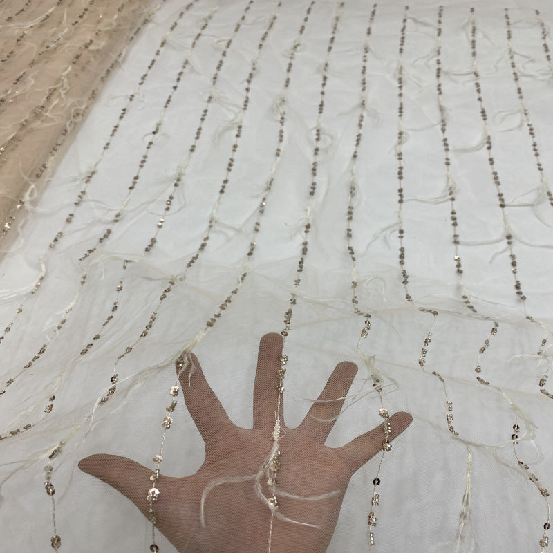 Feather Beaded Sequin Embroidered Mesh Fabric — fabric photo 3