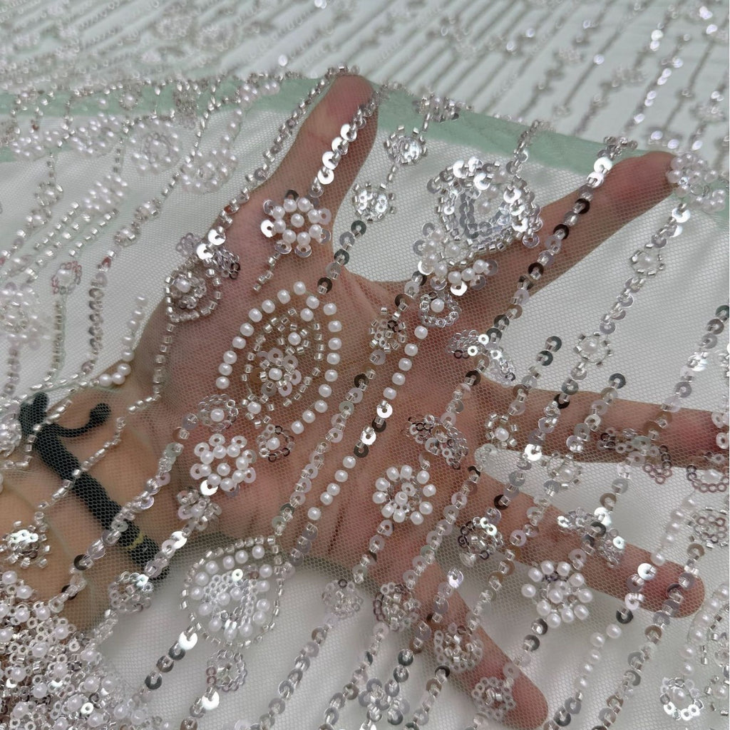 Floral Sequin & Bugle-Bead Embroidered Tulle Mesh Fabric — fabric photo 2