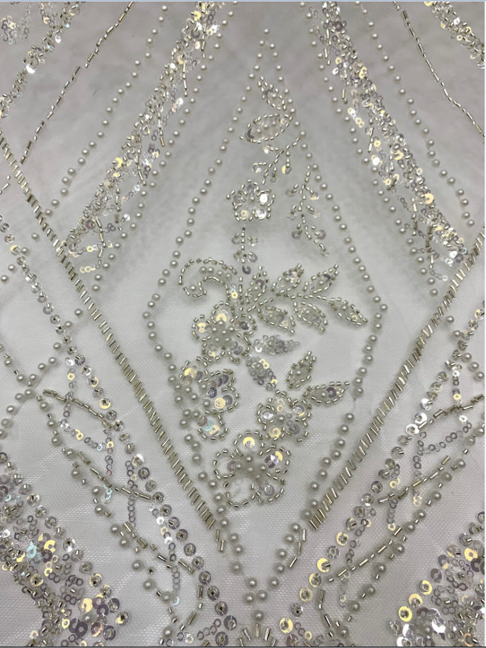 Heavy 3/5 mm Crystal-Look Sequin & Triple-Bead Embroidered Bridal Fabric – Design 99583 — fabric photo 6