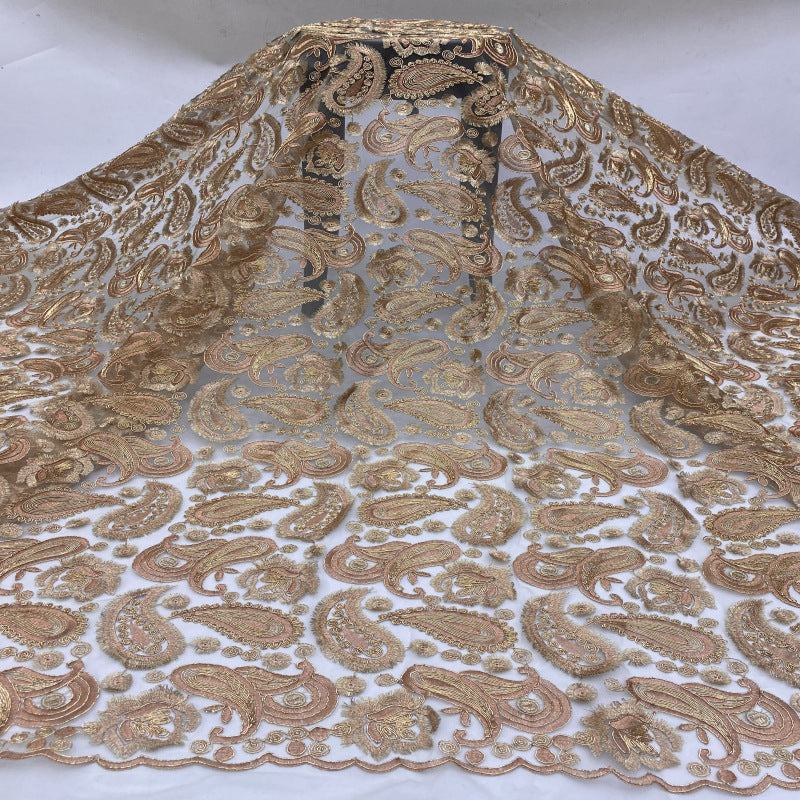 Paisley Cordwork & Gold-Thread Embroidered Bridal Fabric — fabric photo 4