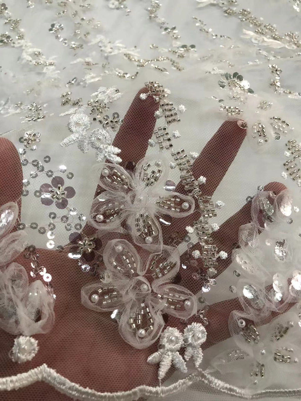 Corded Silver Bead & 4/7 mm Sequin Embroidered Fabric — fabric photo 4