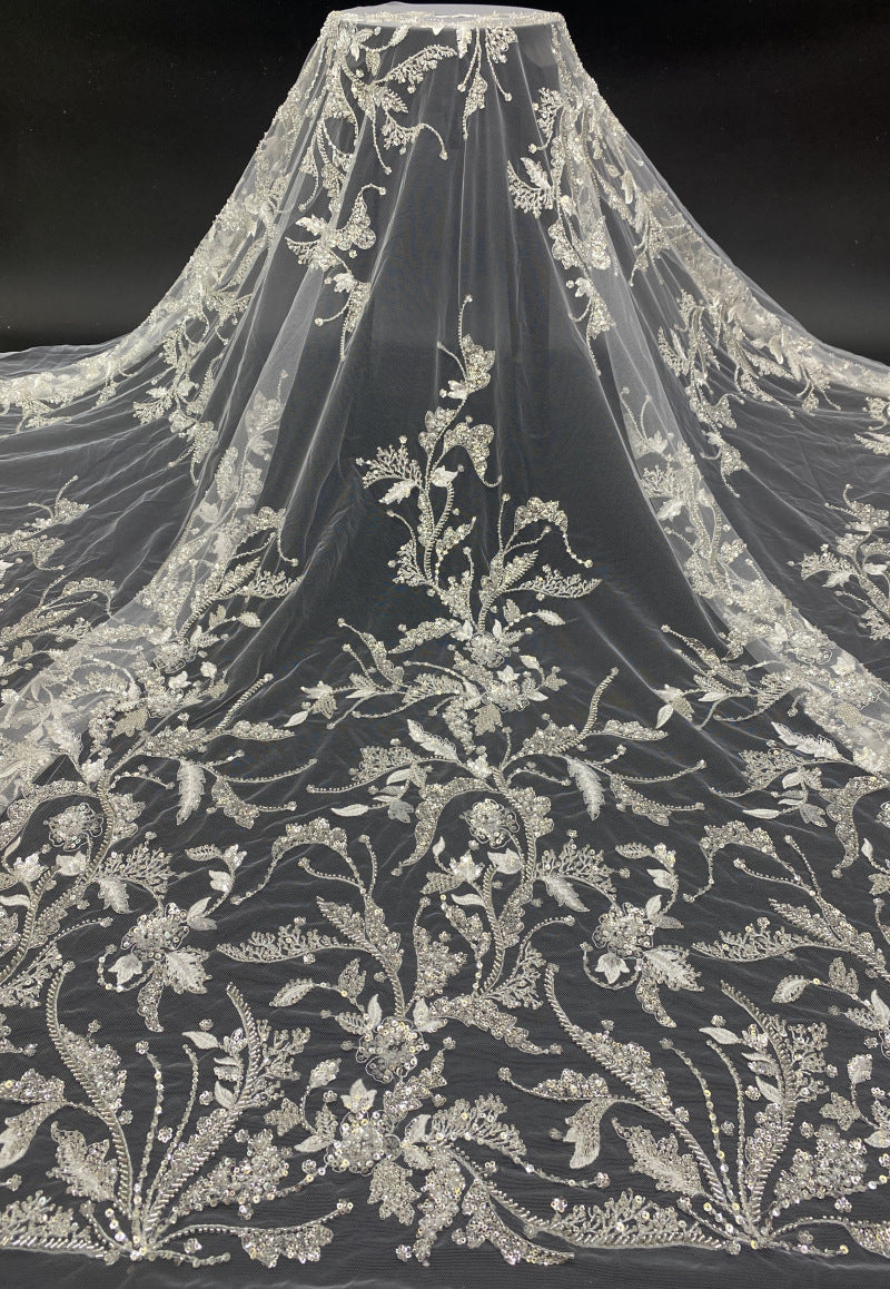 3D Floral Foam Bead Sequin Bridal Gown Fabric