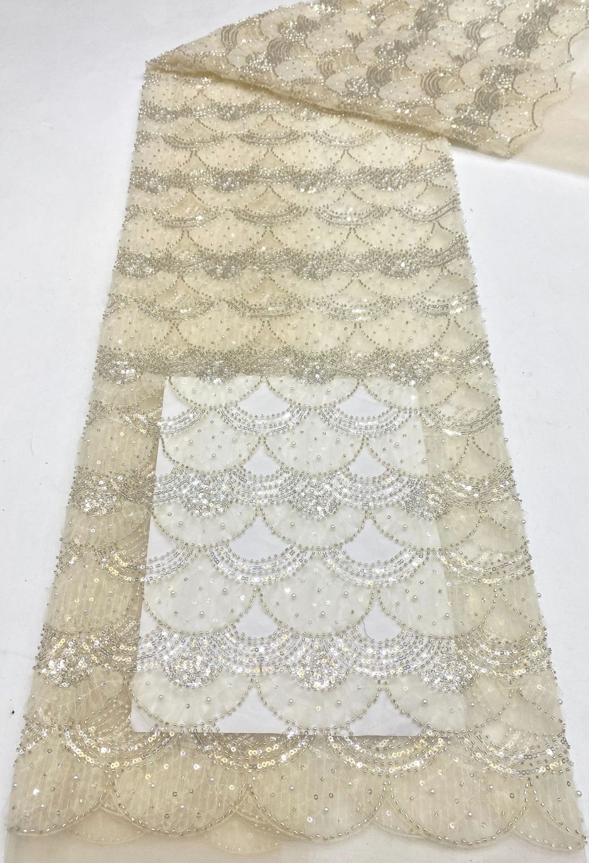 Fan-Shape Scale Ribbon Bead & Sequin Fabric — fabric photo 6