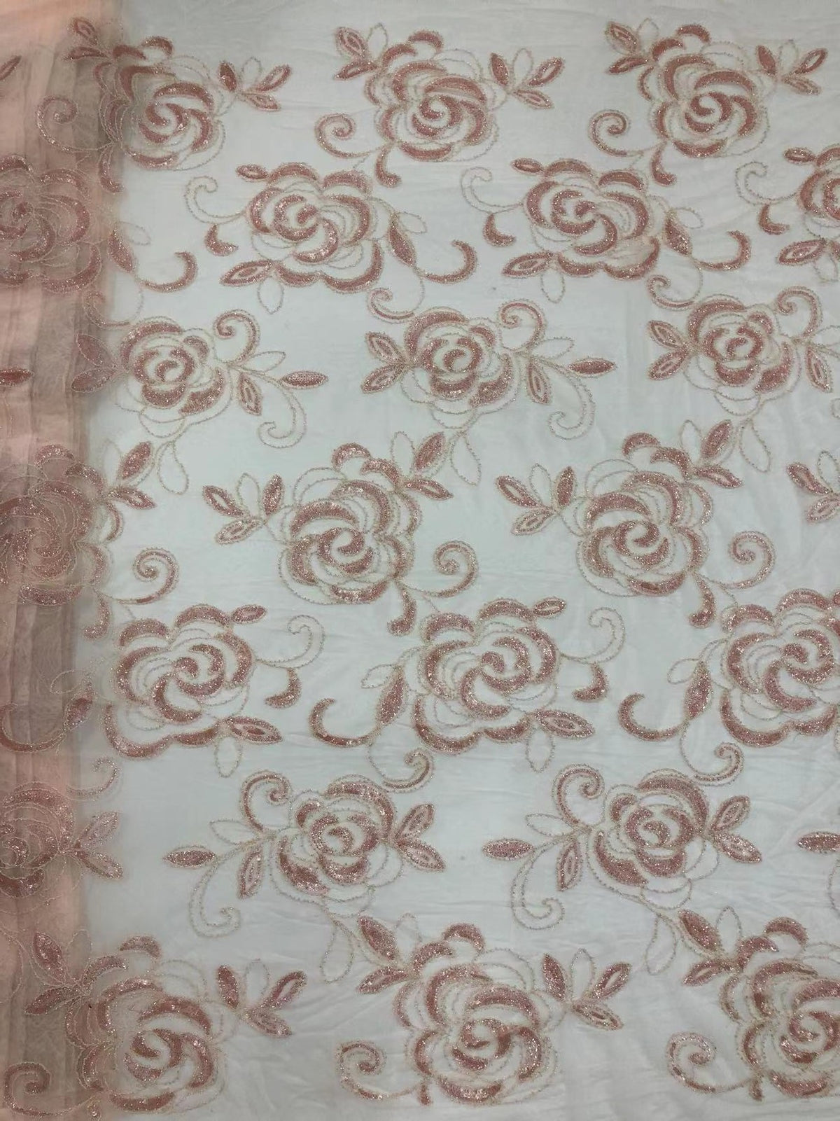 Blush Pink 3D Floral Bead & 3/5 mm Sequin Fabric — fabric photo 2